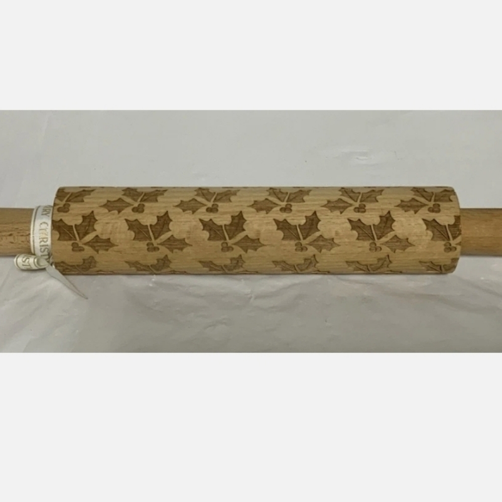 Ciroa Embossed “Christmas Holly” Beachwood Rolling Pin